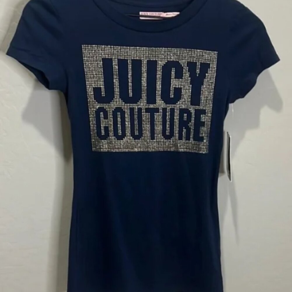 Vintage Juicy Couture Shirt Navy T-Shirt Top Blouse Y2K Gold Glitter Blue Bling